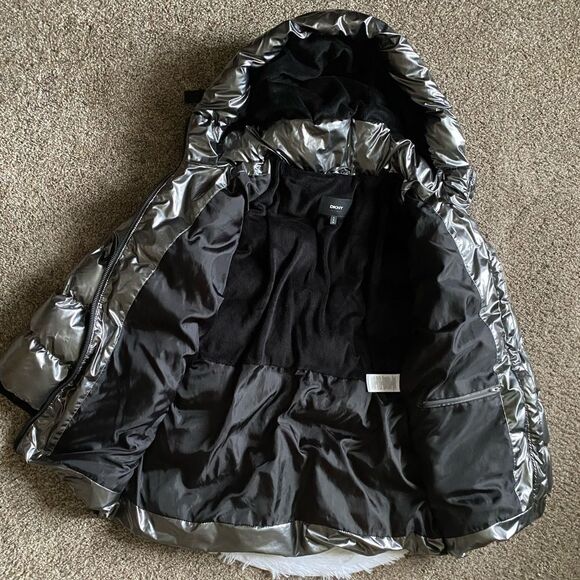 DKNY Silver Puffer Coat Bubble Lined Puffy Shiny Metallic Gunmetal Womens Large - Picture 3 of 13